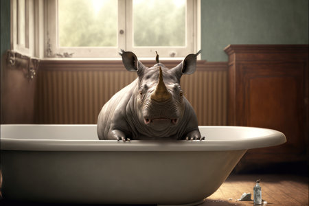 Rhinoceros in a bathtub at home. 3d renderingの素材