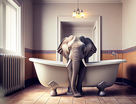 Elephant in a modern bathroom. 3d rendering toned imageの素材