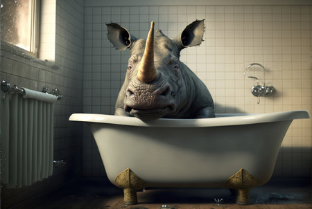 White rhinoceros in a bathtub. 3d renderingの素材
