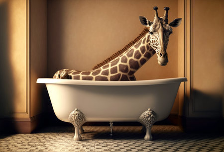 Giraffe in a bathtub. 3D Rendering.の素材