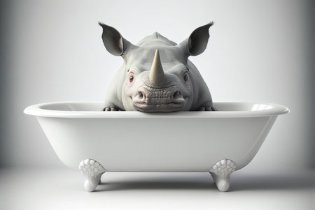 White rhinoceros in a white bathtub on a gray backgroundの素材