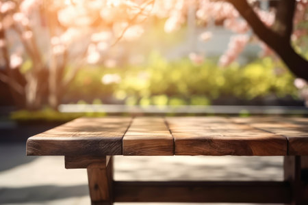 Wooden table in front of spring cherry blossoms tree background.の素材
