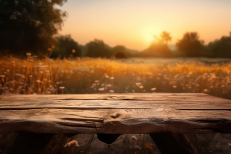Empty table for product display montages. Nature background with bokehの素材