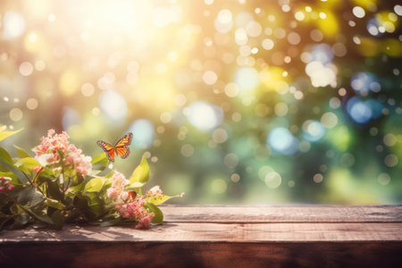 Wooden table with flowers and butterfly on bokeh background.の素材