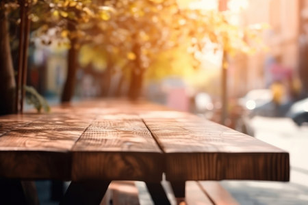 Empty wooden table and blurred background of city street with bokehの素材