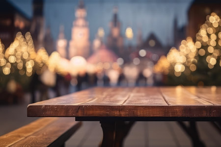 Empty wooden table and blurred background of Christmas market with bokehの素材
