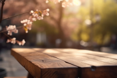 Wooden table in front of cherry blossoms. Blurred backgroundの素材