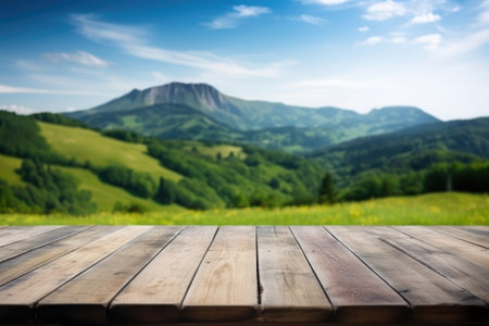 Empty table for Your photomontage or product display. Mountain background.の素材