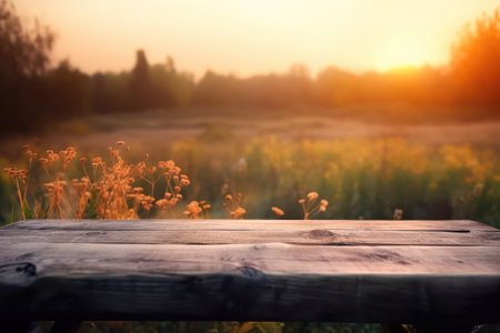 Empty table for product display montages. Wooden table in front of blurred background of summer field.の素材