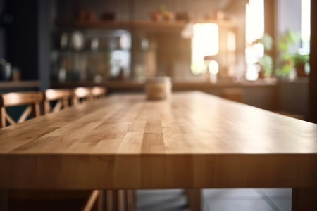 Empty wooden table and blurred background of cafe or restaurant. Mock up for designの素材