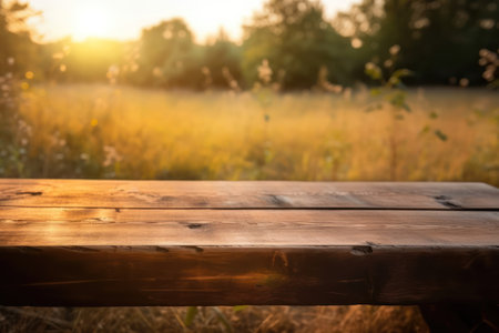 Empty table for product display montages. Wooden table top on nature background.の素材