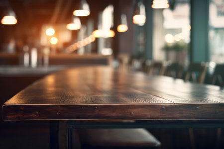Empty wooden table and chairs in coffee shop or restaurant with bokeh background.の素材
