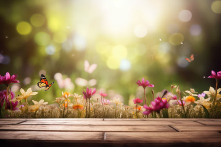 Wooden table with spring flowers and butterfly on bokeh backgroundの素材