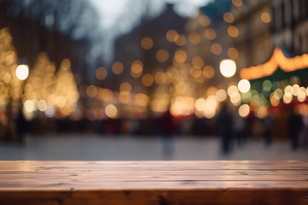 Empty wooden table and blurred christmas market background. For product displayの素材
