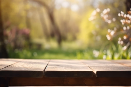 Wooden table in front of blurred spring garden background. Ready for product display montageの素材