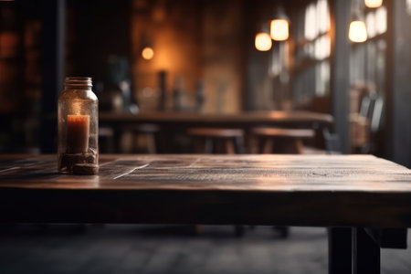 Empty wooden table in a pub or restaurant. Blurred background.の素材