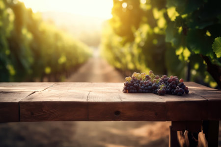 Ripe grapes on wooden table in vineyard. Toned imageの素材