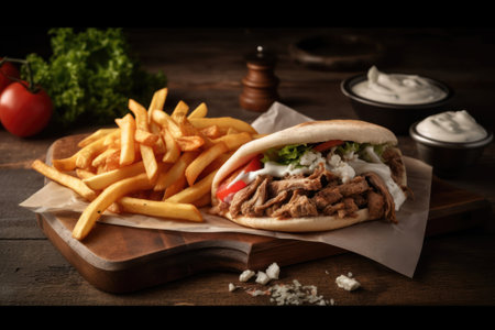 Doner kebab with french fries on wooden table, closeupの素材
