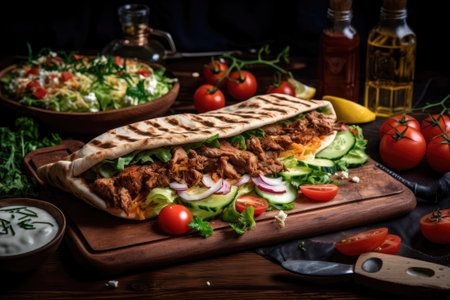 Tortilla wrap with grilled meat and vegetables on a wooden boardの素材