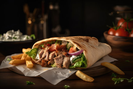 Doner kebab on a wooden background. Shawarma with chicken and vegetablesの素材