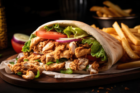 Doner kebab with chicken and french fries on wooden boardの素材