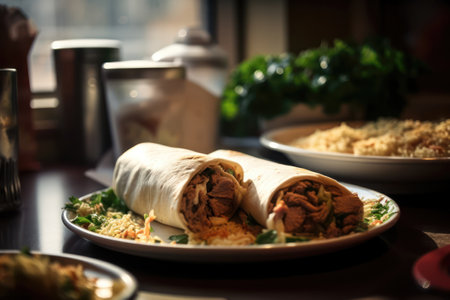 Doner kebab in a lavash on a restaurant tableの素材