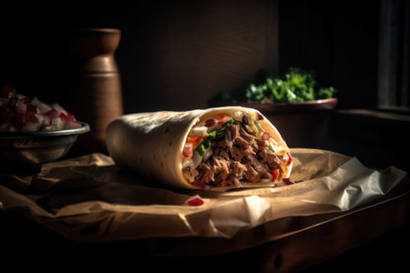 Tortilla wrap with meat and vegetables on wooden background. Toned.の素材