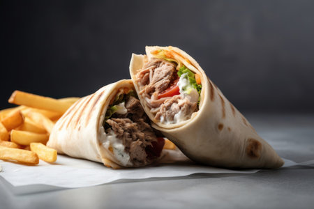 Tortilla wrap with meat and french fries on a dark backgroundの素材