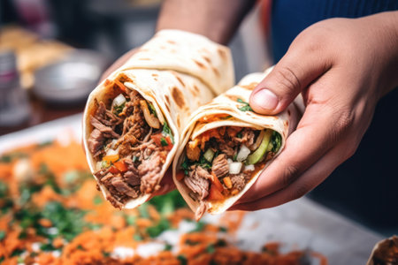 Tortilla wrap with beef and vegetables in the hands of a chefの素材