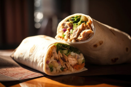 Tortilla wrap with chicken and vegetables on a wooden table.の素材