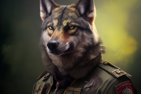 Portrait of a wolf in a military uniform on a dark backgroundの素材