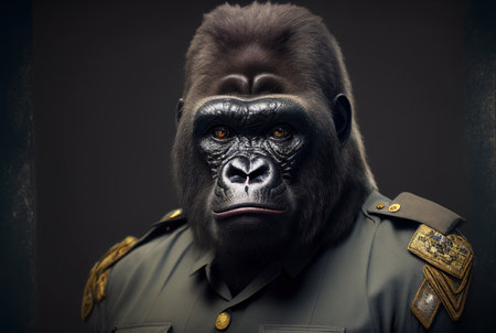Portrait of a gorilla in a military uniform on a dark backgroundの素材