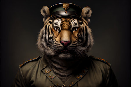 Portrait of a tiger in a military uniform on a dark background.の素材