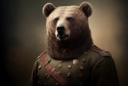 Portrait of a bear dressed in russian historical uniform on dark backgroundの素材