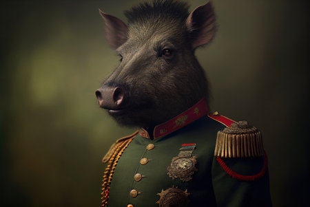 Portrait of a wild boar in the national costume of the Russian armyの素材