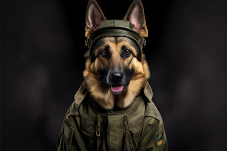 German shepherd dog in a military jacket on a black background in studioの素材