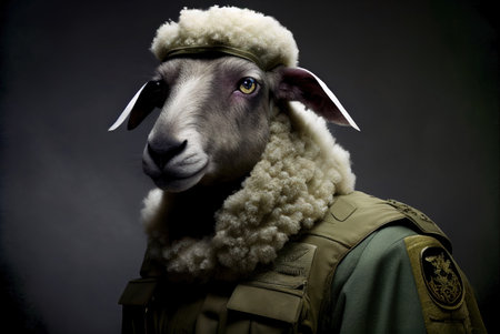 Sheep in a military uniform on a dark background. Studio shot.の素材