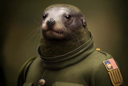 Seal portrait with American flag in the background. 3D illustration.の素材