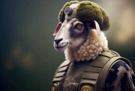 Sheep in the Soviet WW2 military uniform. Retro style.の素材