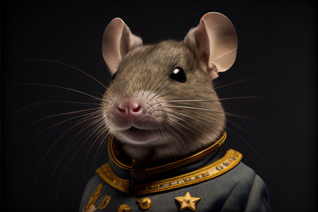 Portrait of a gray rat in a military uniform on a black backgroundの素材