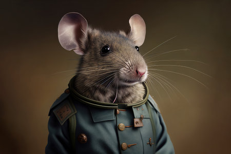 Portrait of a cute little mouse in a military uniform on a dark backgroundの素材