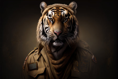 Portrait of a tiger in a military uniform on a dark background.の素材