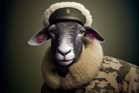 Portrait of a sheep in a military uniform. Studio shot.の素材