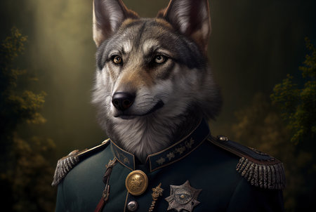 Portrait of a wolf in a military uniform on a dark backgroundの素材