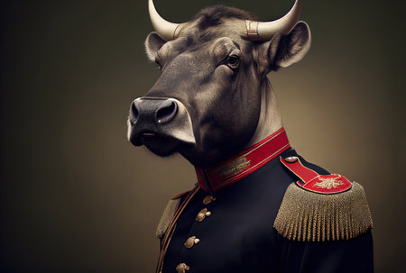 Portrait of a bull in a military uniform. Studio shot.の素材