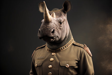 Rhinoceros in a military uniform on a dark background.の素材