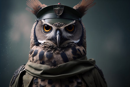 Owl in a military uniform with a cap and a helmet.の素材
