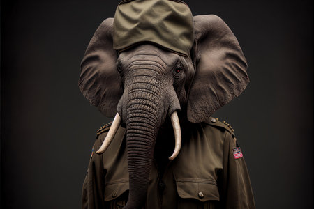 Portrait of an elephant in the raincoat on a black backgroundの素材
