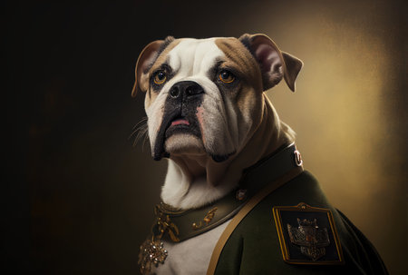 English Bulldog dressed in a historical costume on a dark background.の素材