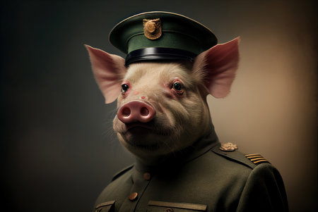 Studio portrait of a pig wearing a Soviet WW2 military uniform.の素材